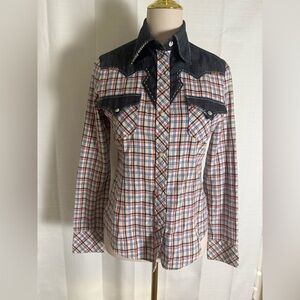 Vigoss Jeans Western Pearl Snap Plaid Shirt Denim Yoke Medium